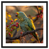 Green Parrot Perched On A Branch With Berries thumbnail