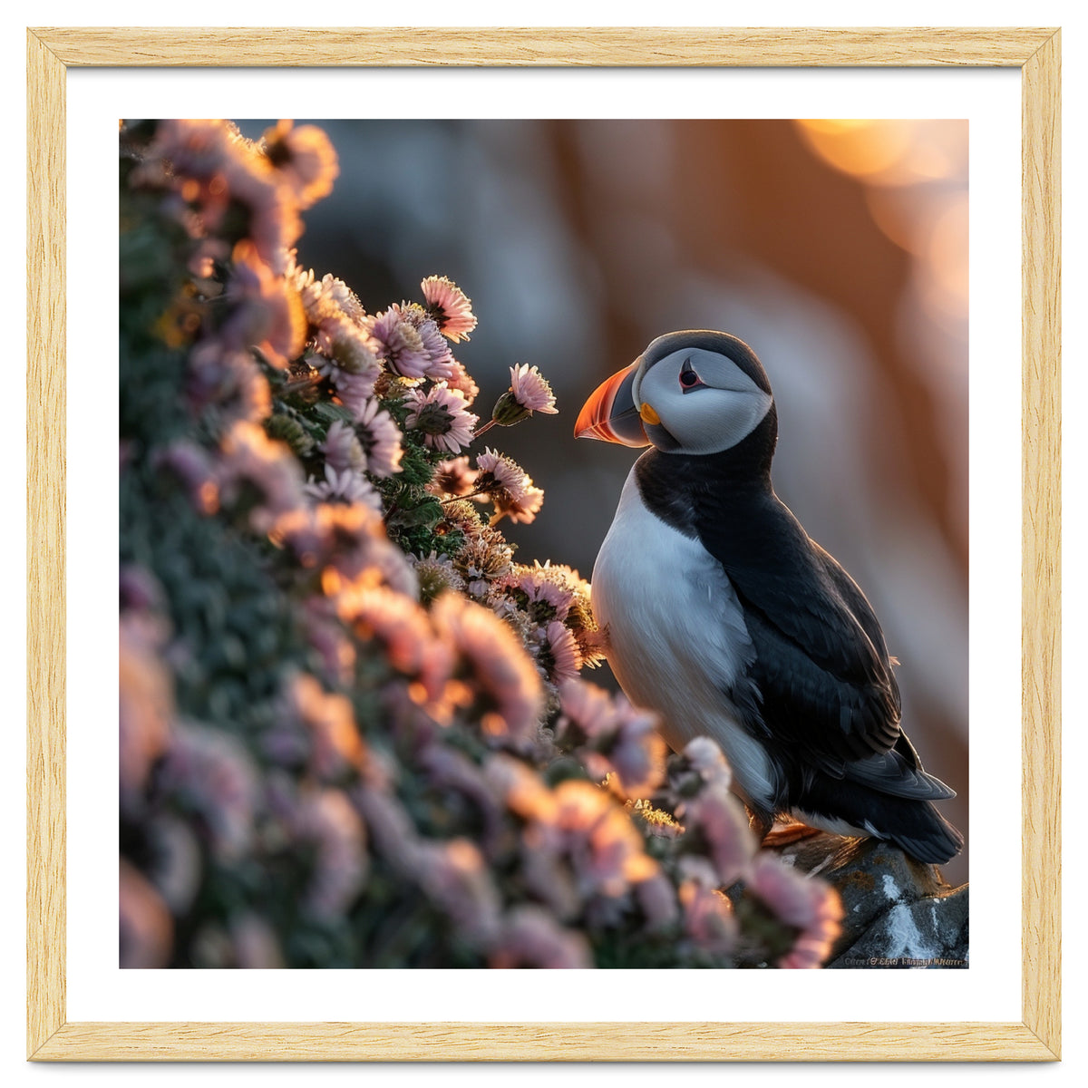 Puffin Bird On Rocks Near Pink Flowers At Sunset