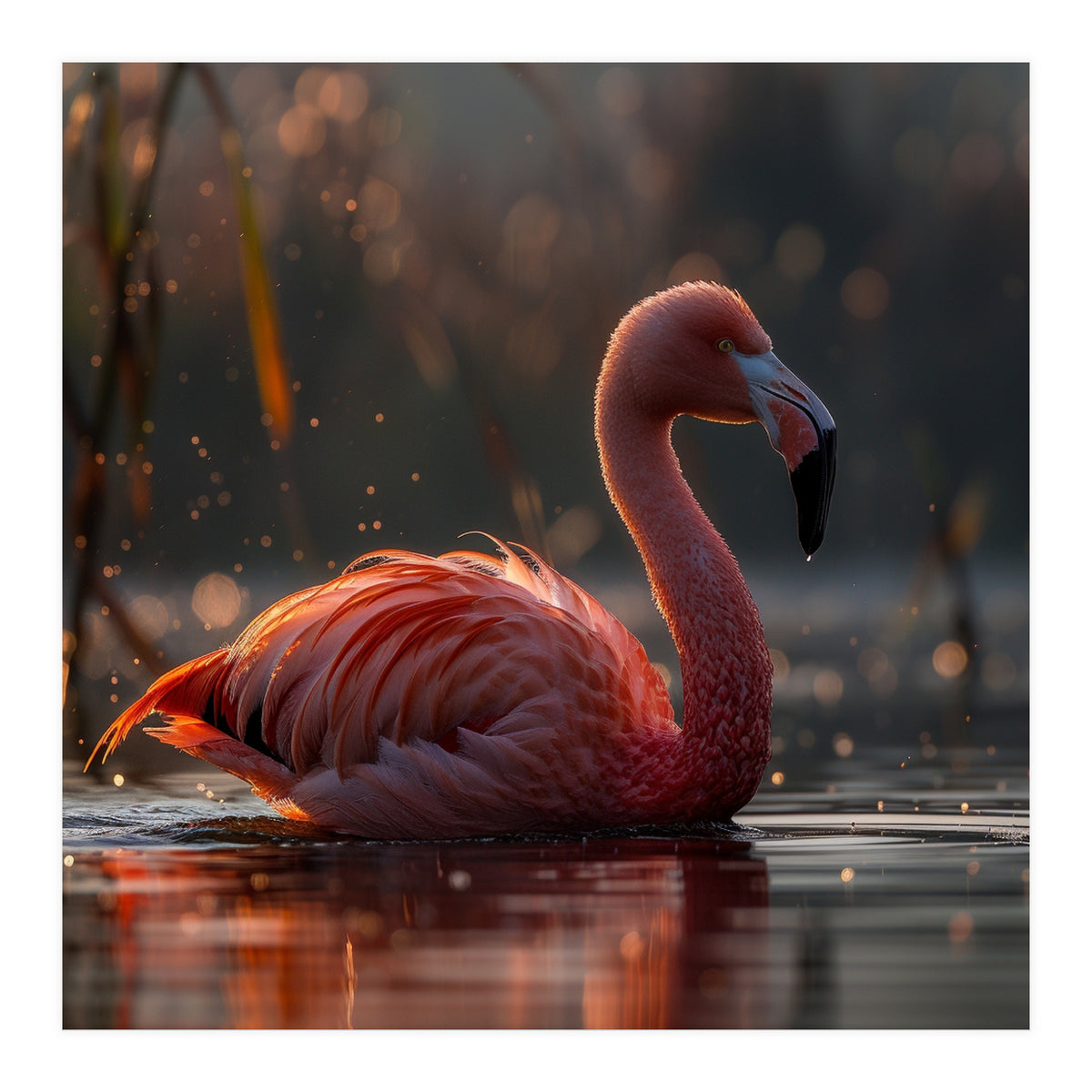 Pink Flamingo Swimming In Sunlight Water (Print Only)