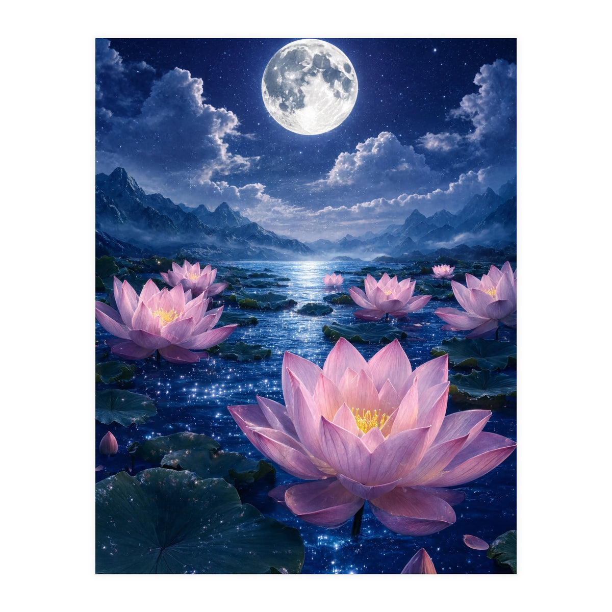 Moonlit Lotus Pond: Serene Nighttime Floral Landscape (Print Only)