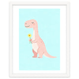 T-Rex Tyrannosaurus Dinosaur Art, Whimsical Dino with Flower, Gentle Nursery Print thumbnail