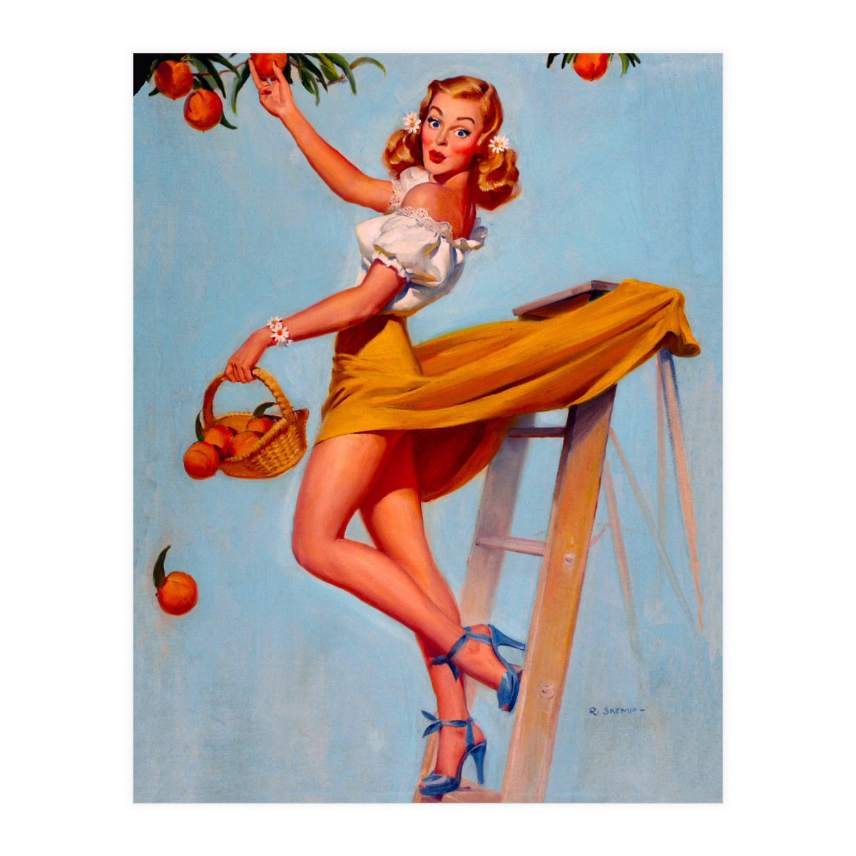 Pinup Sexy Woman Picking Oranges On A Tree Branch (Print Only)