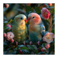 Two Lovebirds Perched On A Branch Near Flowers (Print Only)
