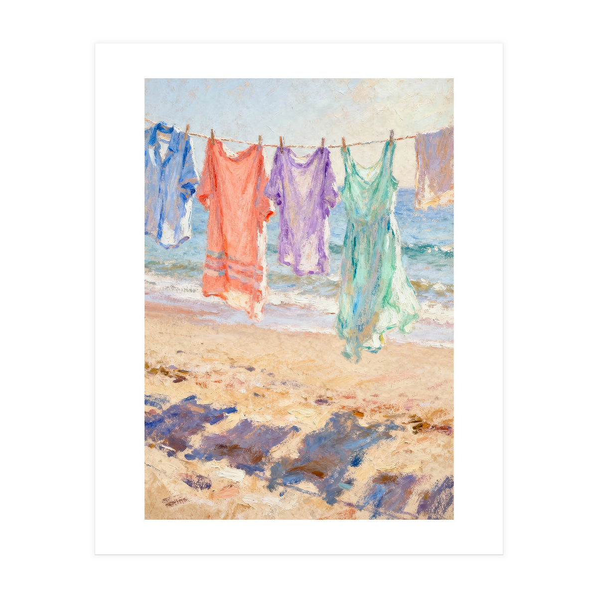 Laundry Drying by the Sea, Colorful Clothes on a Beach Clothesline, Coastal Summer Pastel Painting, Relaxing Ocean Shore Art Print (Print Only)