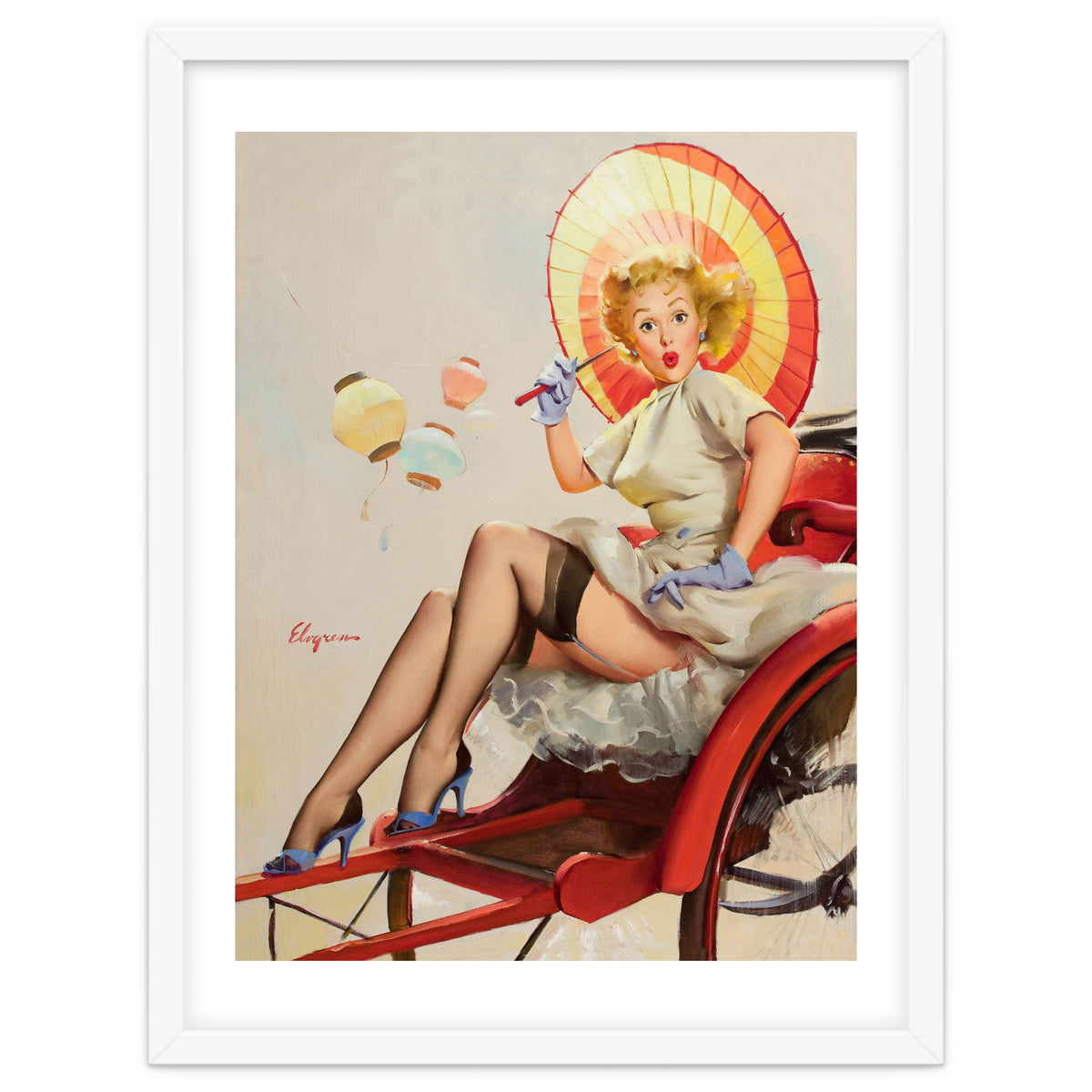 Pinup Girl In Rickshaw Experiencing Sudden Wind