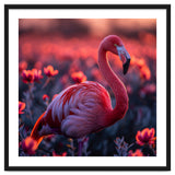 Pink Flamingo Bird Standing Among Flowers At Sunset thumbnail