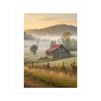 Rustic Red Roof Barn in Misty Morning Valley Landscape (Print Only)
