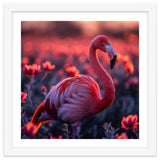 Pink Flamingo Bird Standing Among Flowers At Sunset thumbnail