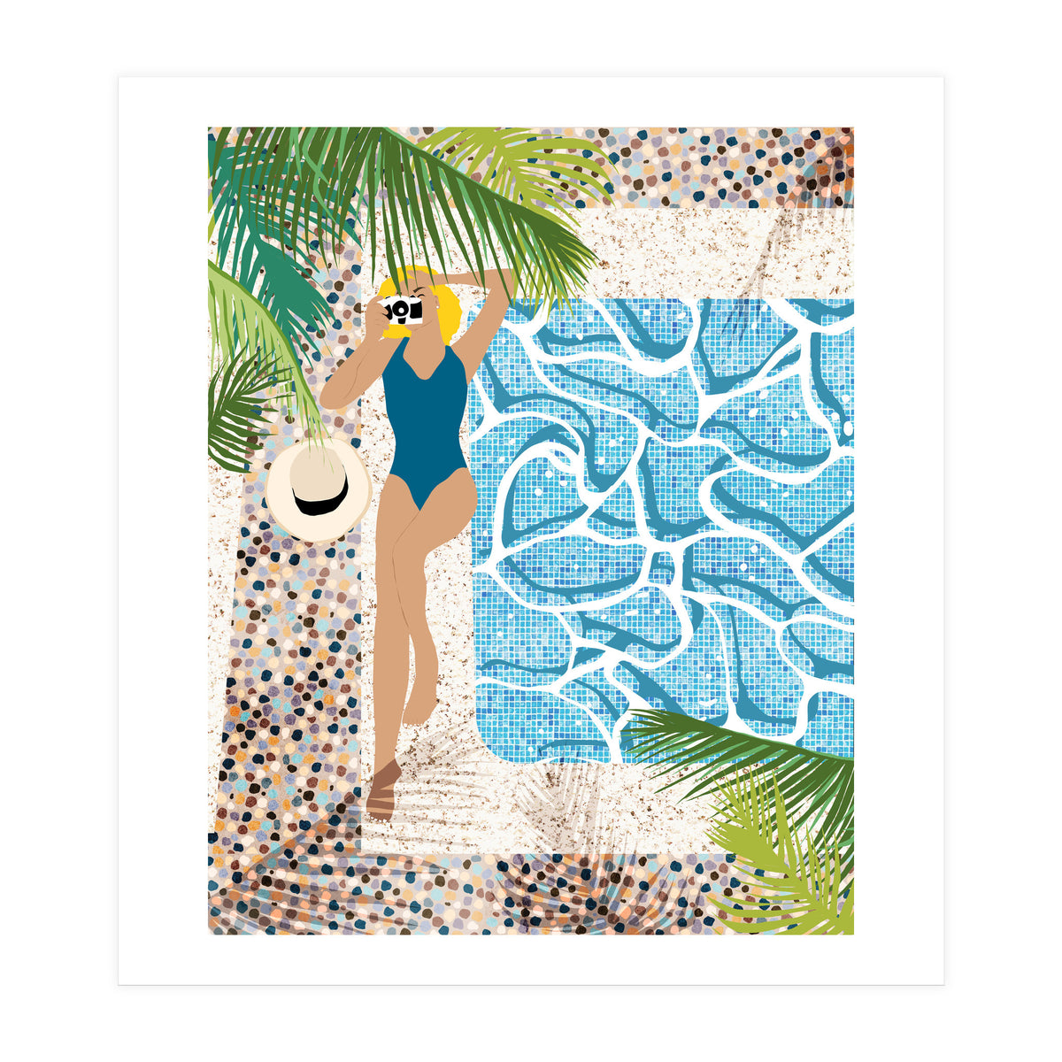 Click, Summer Travel Poolside Swim, Moroccan Tiles Staycation Vacation Holiday, Bohemian Woman Swimsuit Fashion Pose (Print Only)