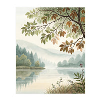 Tranquil Lakeside Forest Watercolor Painting with Overhanging Autumn Branches and Misty Mountain Reflection (Print Only)