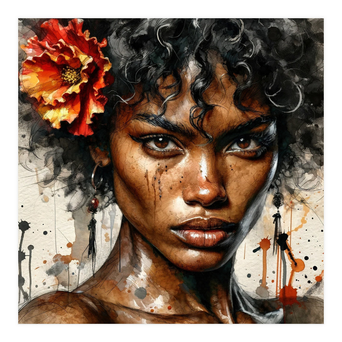 Watercolor Afro American Flamenco Dancer #1 (Print Only)