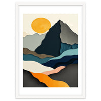 Minimalist Layered Mountain Landscape with Golden Sun