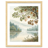 Tranquil Lakeside Forest Watercolor Painting with Overhanging Autumn Branches and Misty Mountain Reflection thumbnail