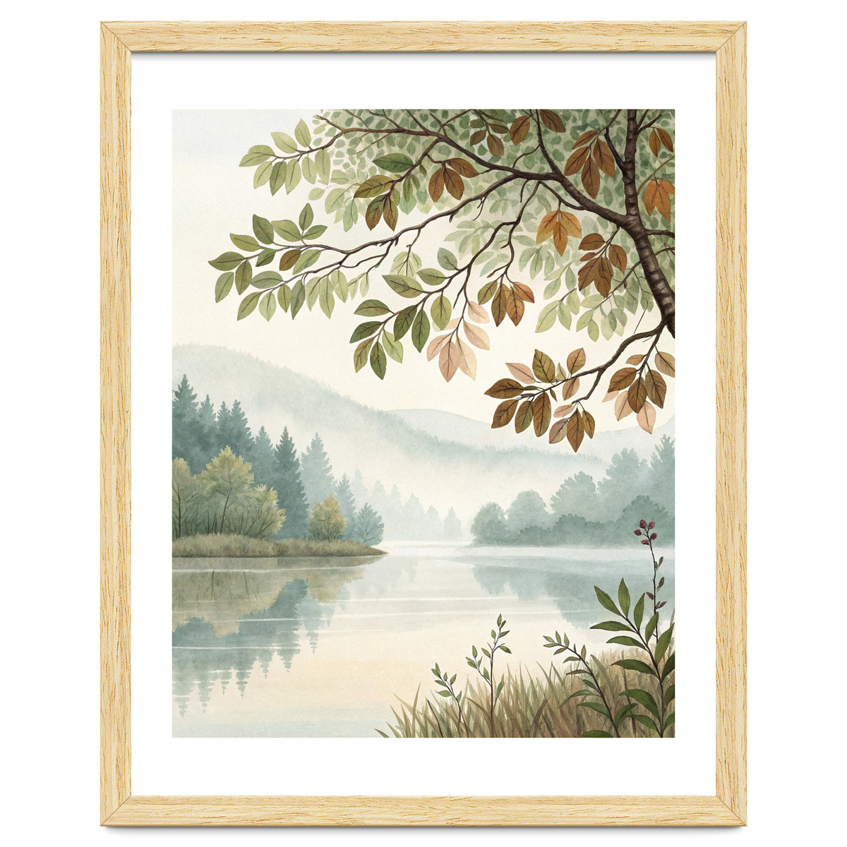 Tranquil Lakeside Forest Watercolor Painting with Overhanging Autumn Branches and Misty Mountain Reflection