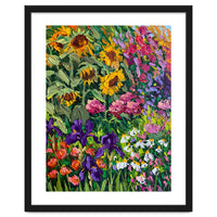 Vibrant Summer Sunflower and Iris Meadow Oil Painting