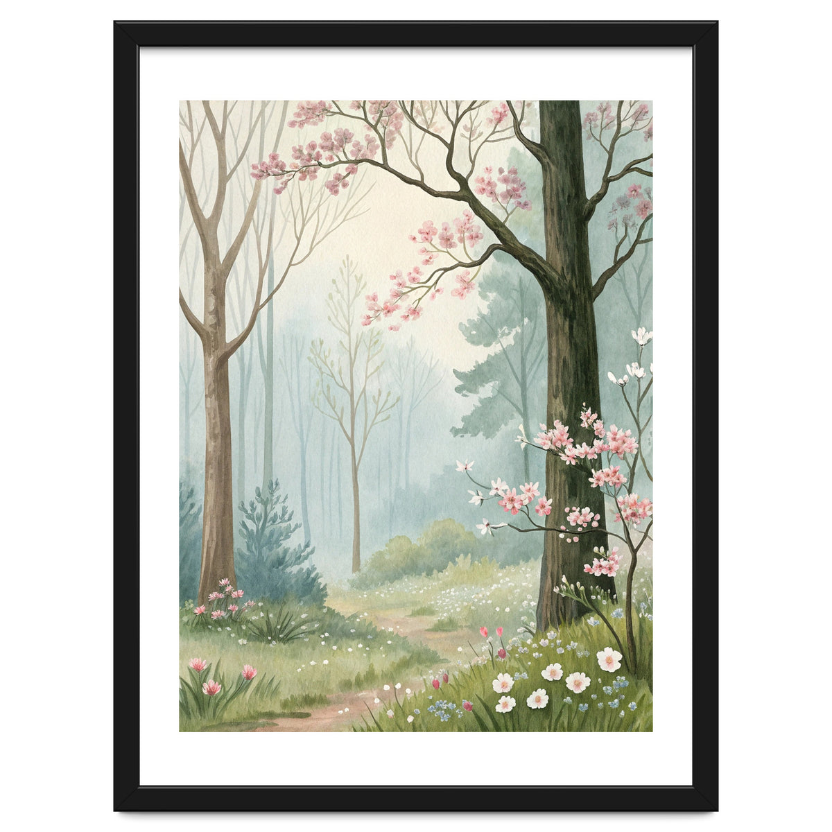 Enchanted Spring Woodland Path with Blooming Cherry Blossoms and Misty Pastel Forest Atmosphere