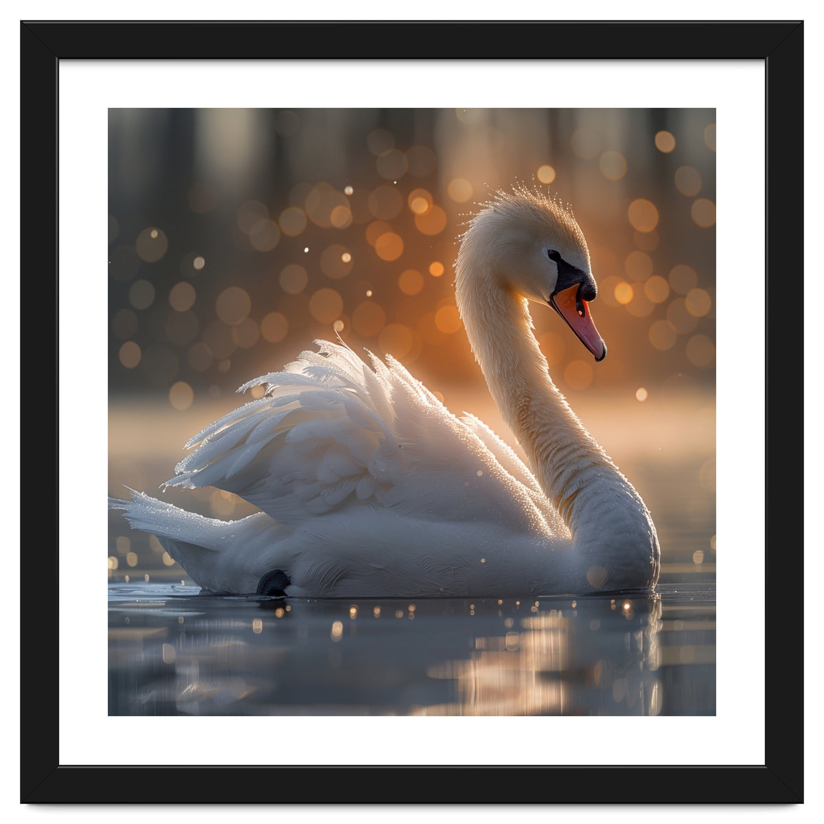 Majestic Swan Gliding On Water During Sunset Golden Hour Wildlife