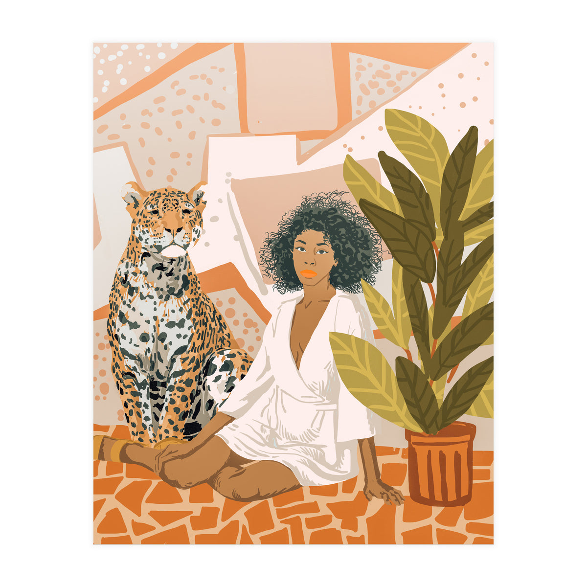 House Guest | Modern Bohemian Black Woman | Urban Jungle Decor | Wild Cat Leopard Pet | Plant Lady (Print Only)