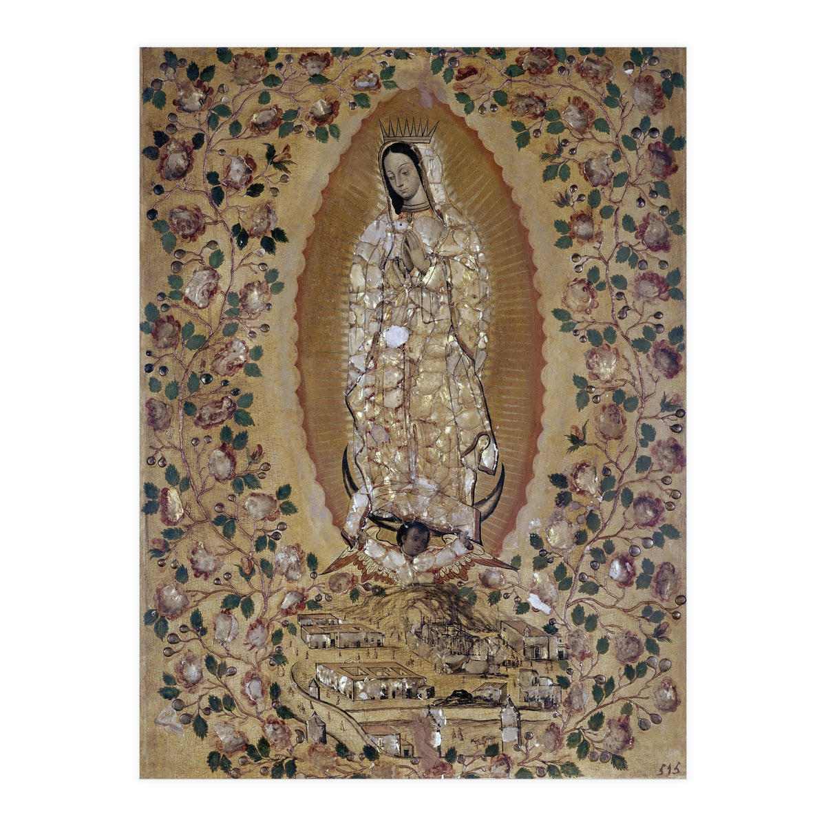 VIRGIN DE GUADALUPE - 1697 - ENCONCHADO PAINTING. JUAN y MIGUEL GONZALEZ PINTORES siglo XVII. (Print Only)