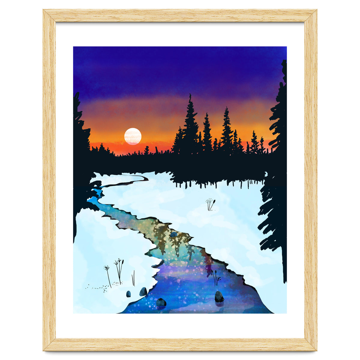 Purple Midnight, Snow River Full Moon Nature Landscape Painting, Winter Travel Adventure Places
