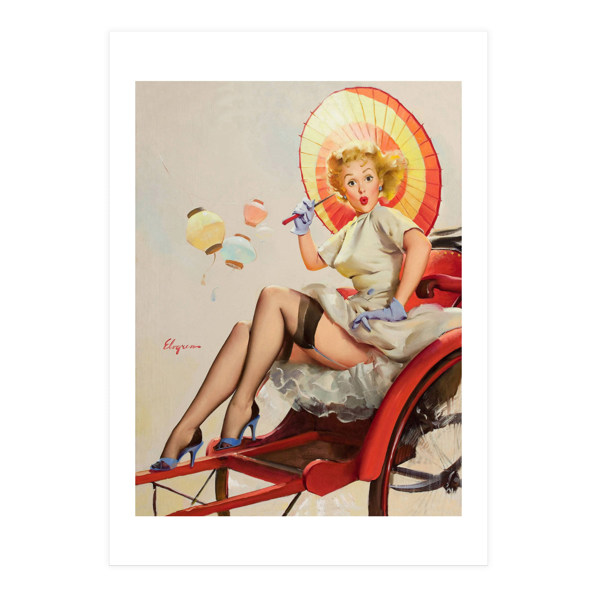Pinup Girl In Rickshaw Experiencing Sudden Wind (Print Only)
