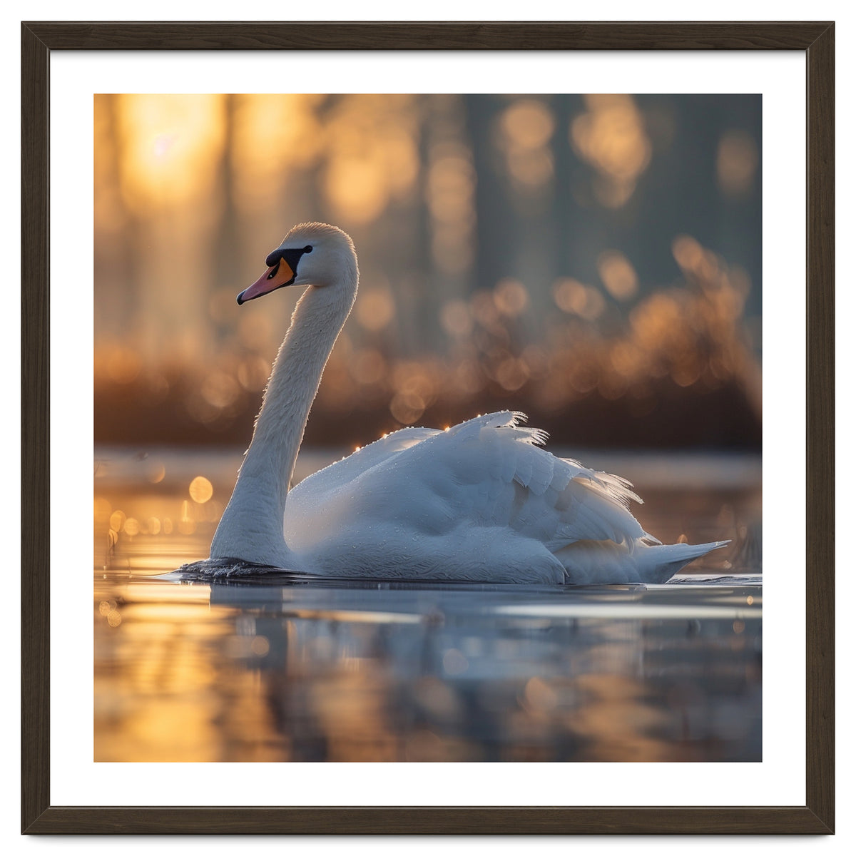 Majestic Swan Gliding On Water At Sunset