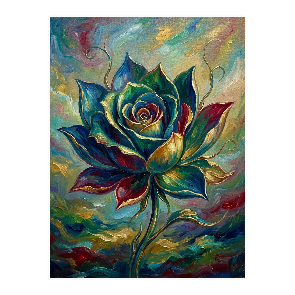 Enchanted Teal and Gold Rose Impasto Oil Painting (Print Only)