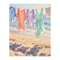 Laundry Drying by the Sea, Colorful Clothes on a Beach Clothesline, Coastal Summer Pastel Painting, Relaxing Ocean Shore Art Print (Print Only)