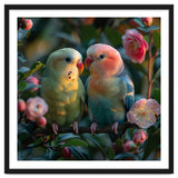 Two Lovebirds Perched On A Branch Near Flowers thumbnail