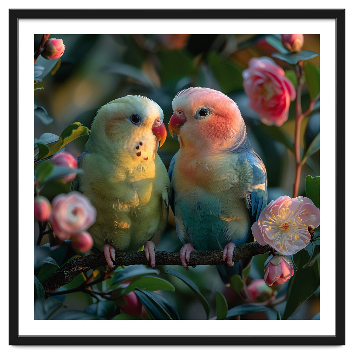 Two Lovebirds Perched On A Branch Near Flowers