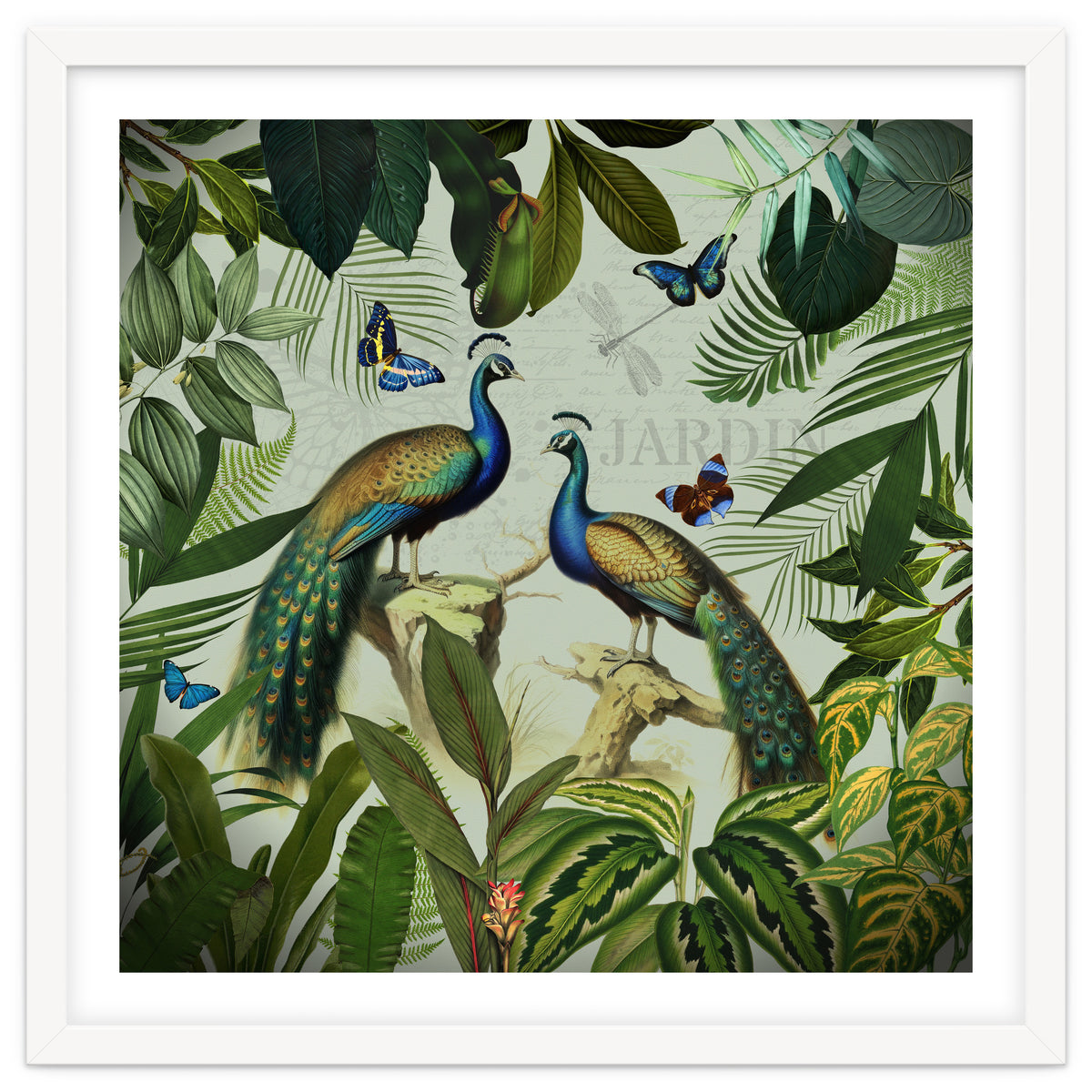 Vintage Exotic Asian Peacocks In Tropical Jungle Landscape