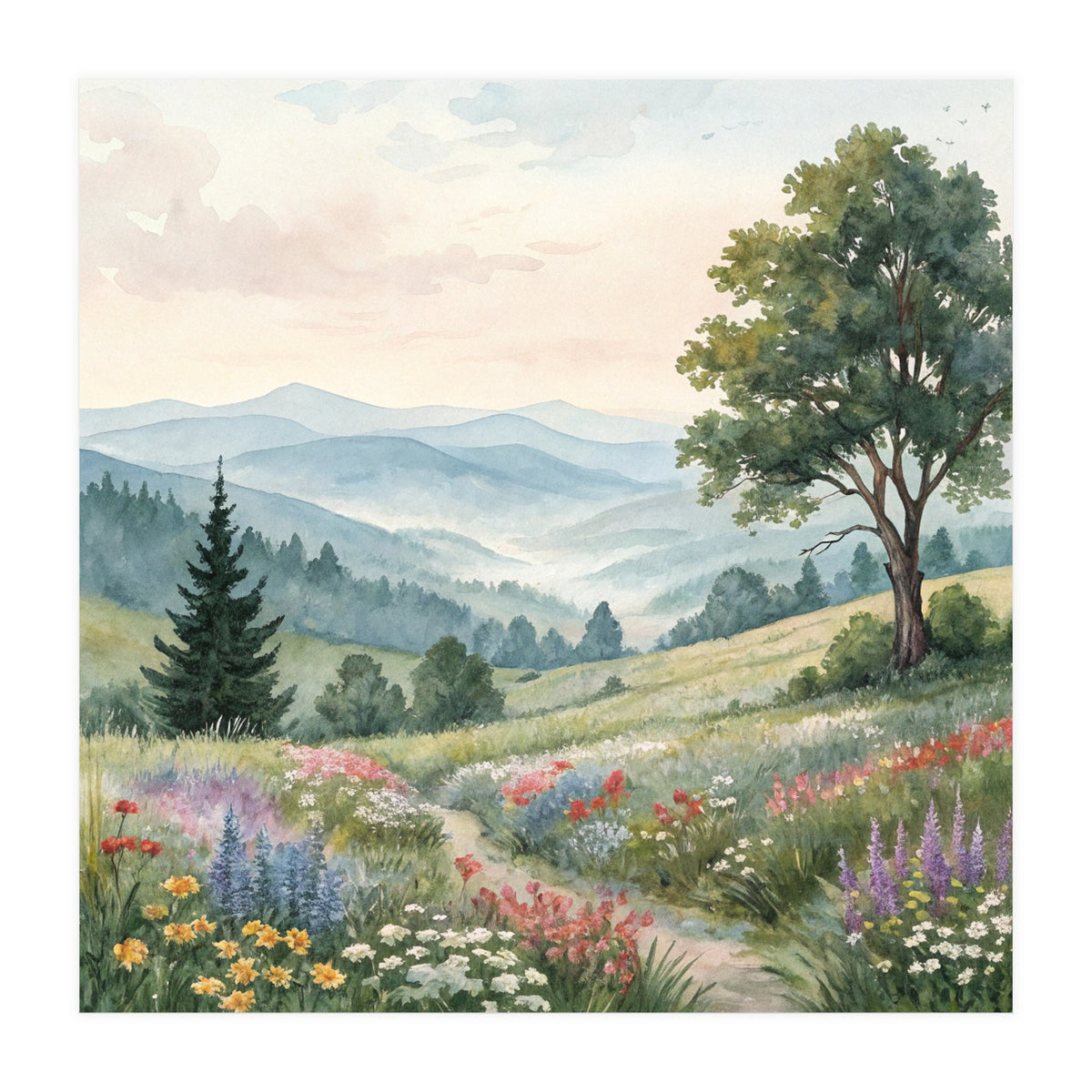 Serene Mountain Meadow Watercolor Landscape (Print Only)