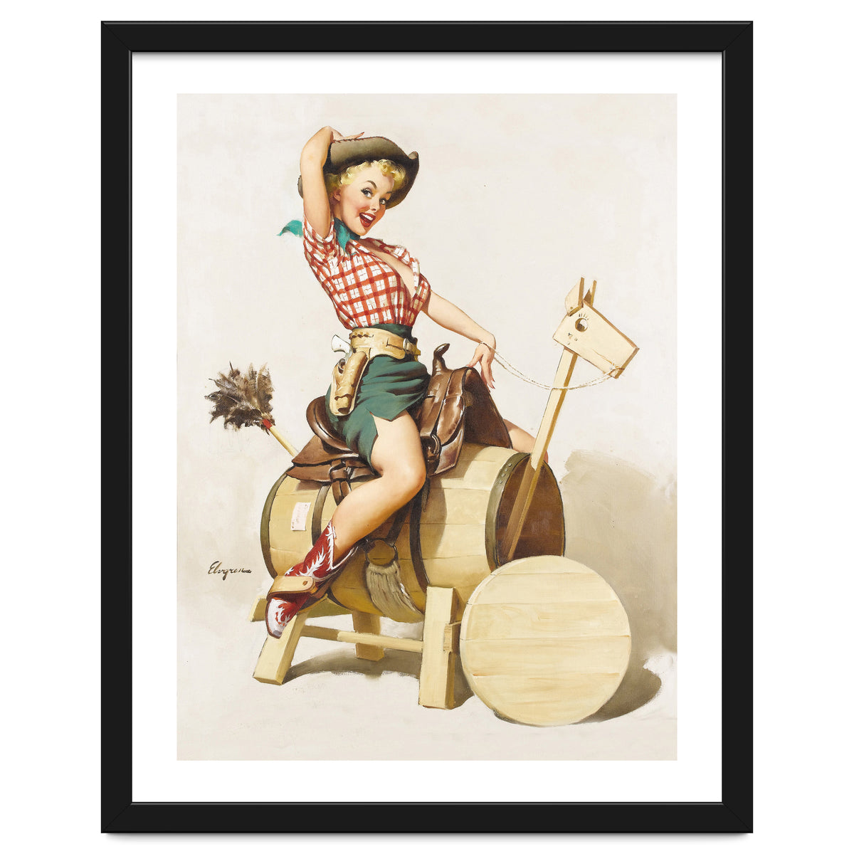 Pinup Cowgirl Riding A Wooden Horse Made Of Barrel