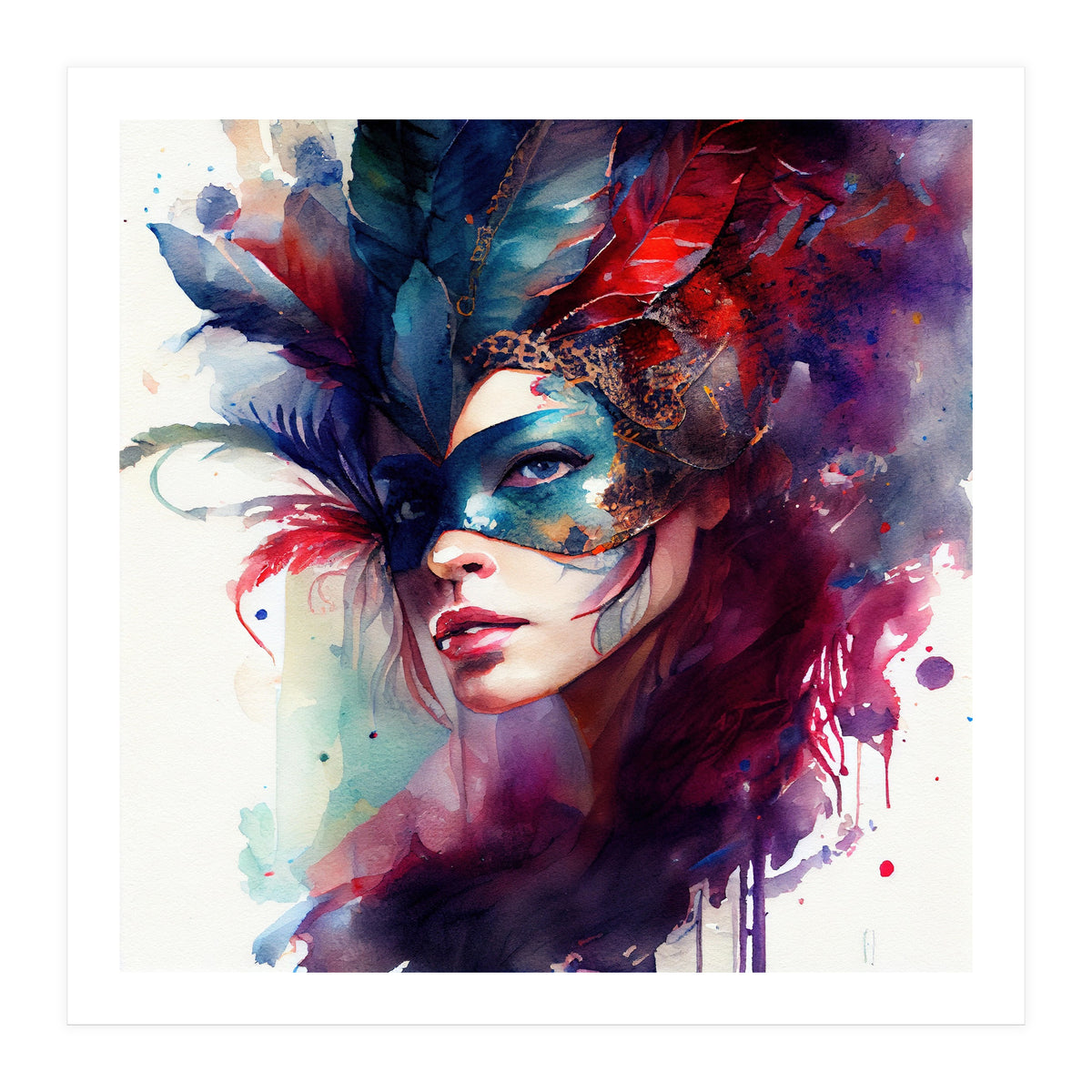 Turquoise Feathered Carnival Mask Portrait (Print Only)