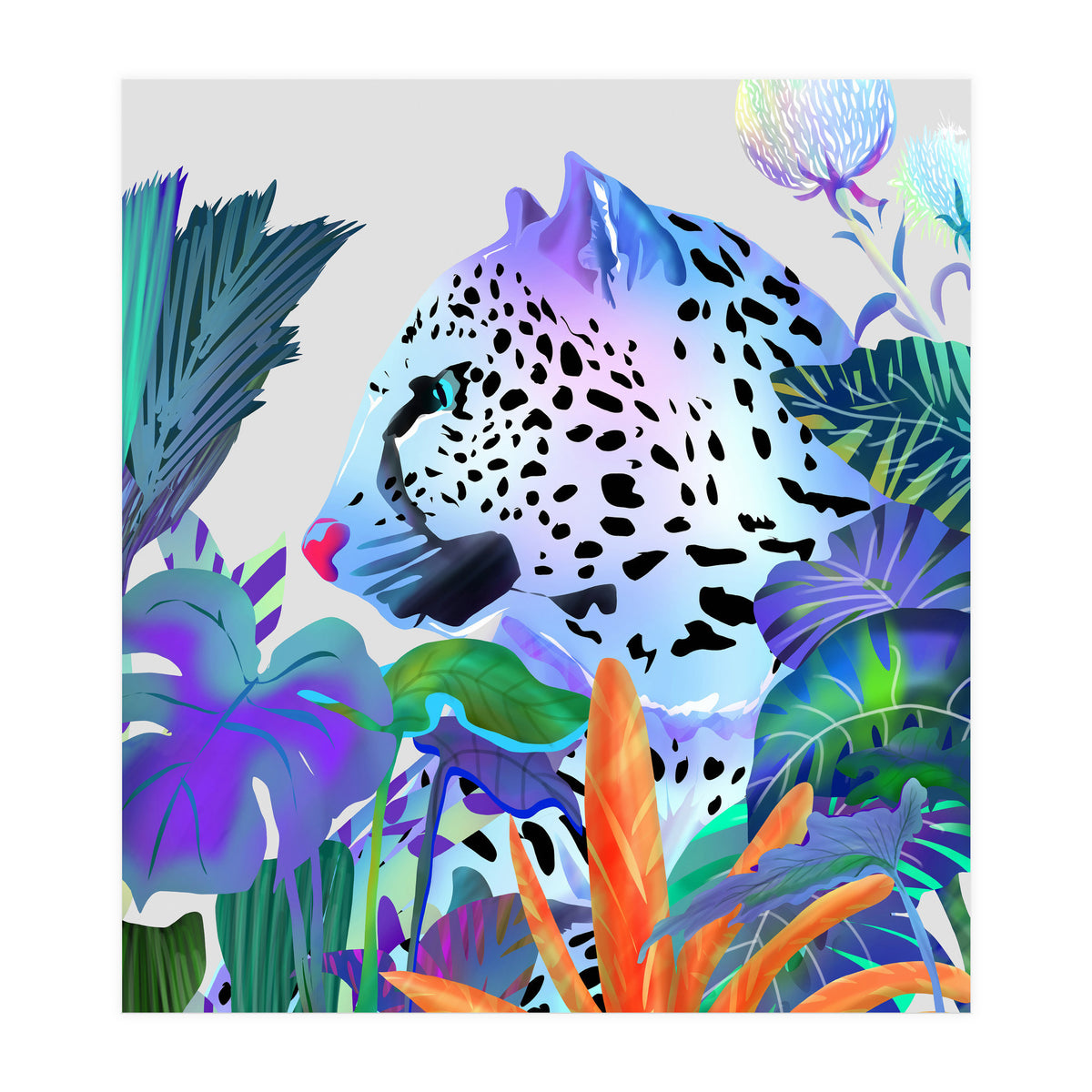 Holographic Leopard, Tropical Jungle Eclectic Nature, Colorful Botanical Wildlife, Boho Contemporary Animals, Tiger Cheetah Cat Maximalism (Print Only)
