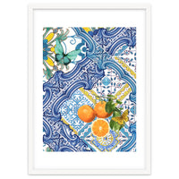 Mediterranean blue tiles, butterflies and citrus fruit