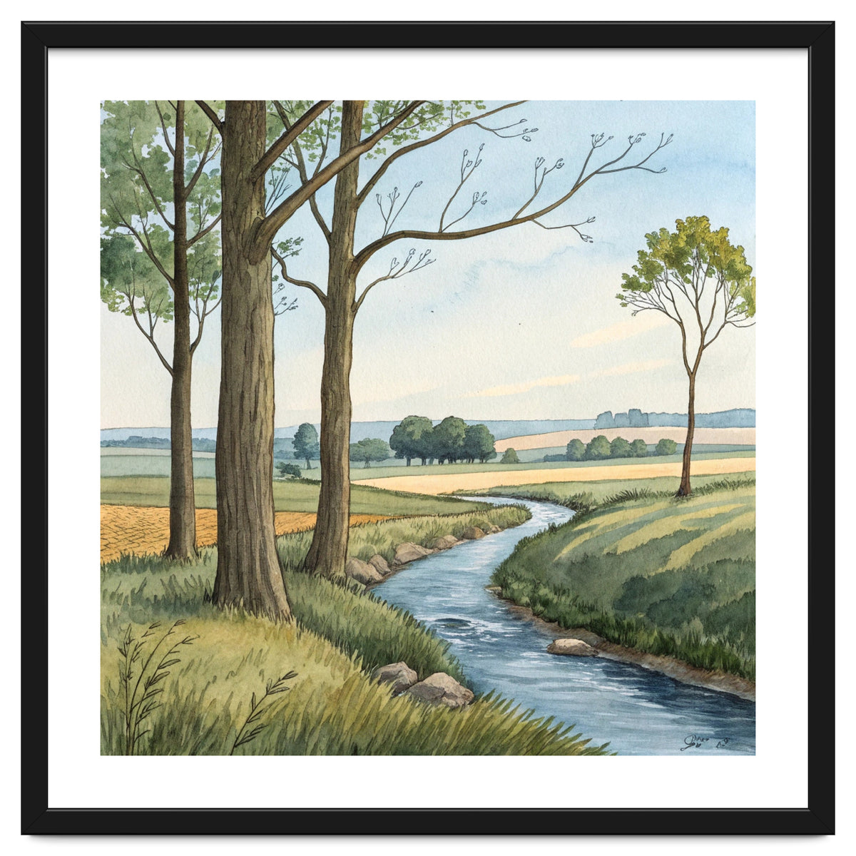 Pastoral Countryside Watercolor Painting with Winding Stream Meadows and Deciduous Trees Landscape