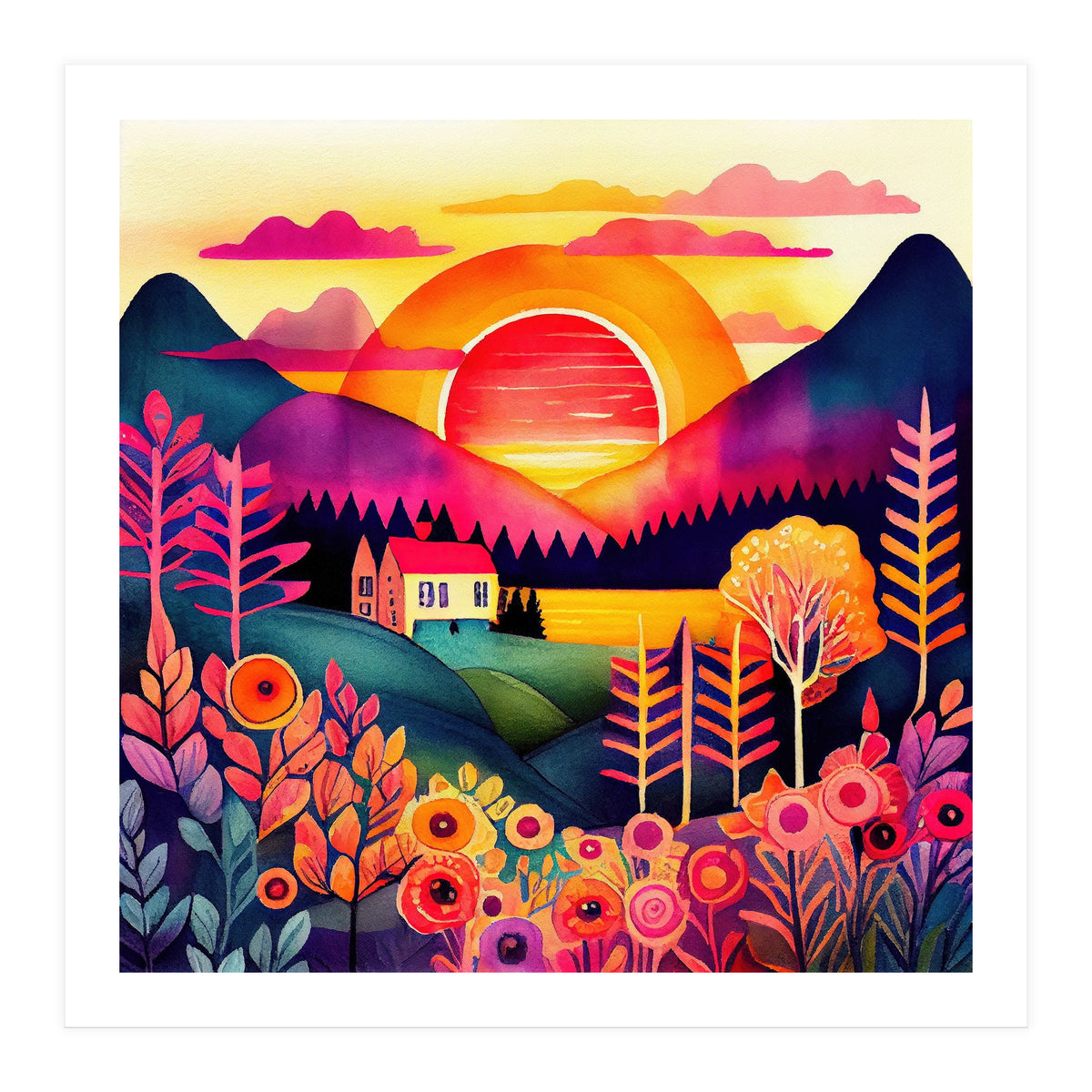 Folk Sunset Over Mountain Lake (Print Only)