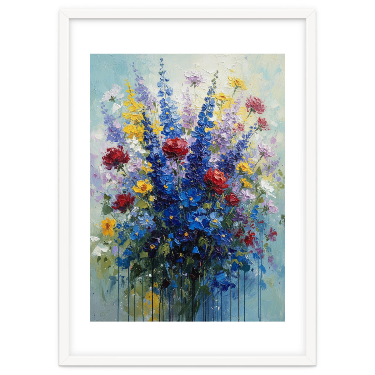 Vibrant Blue Delphinium and Red Rose Heavy Impasto Oil Painting