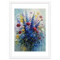 Vibrant Blue Delphinium and Red Rose Heavy Impasto Oil Painting