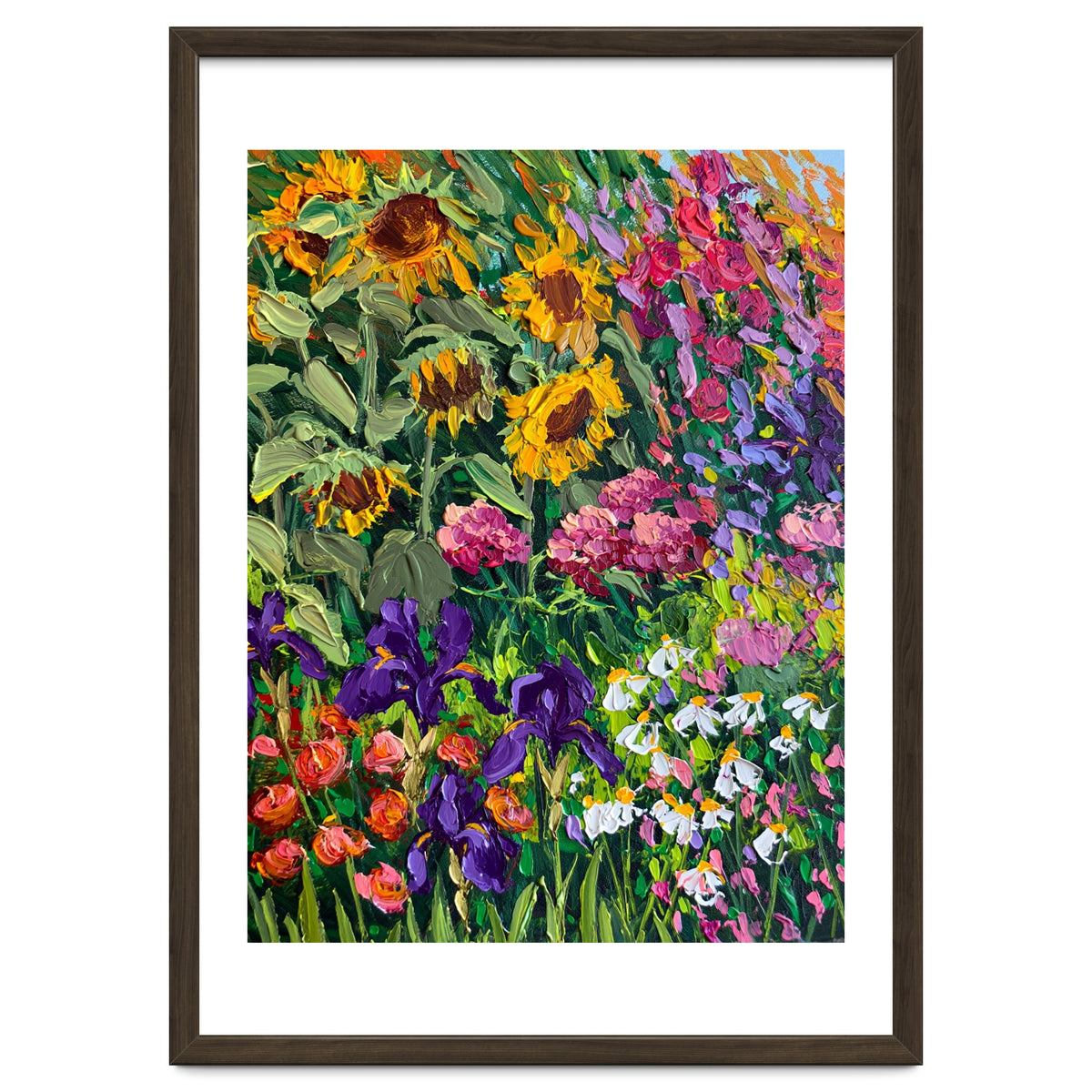 Vibrant Summer Sunflower and Iris Meadow Oil Painting