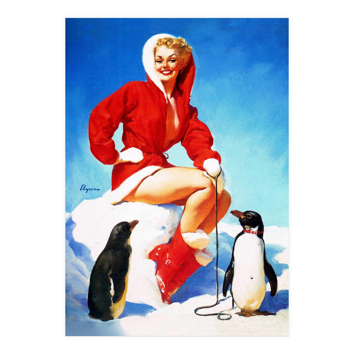 Pinup Sexy Woman Posing With Two Penguins (Print Only)