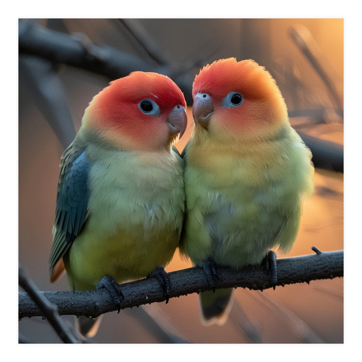 Two Lovebirds Perched On A Branch At Sunset (Print Only)