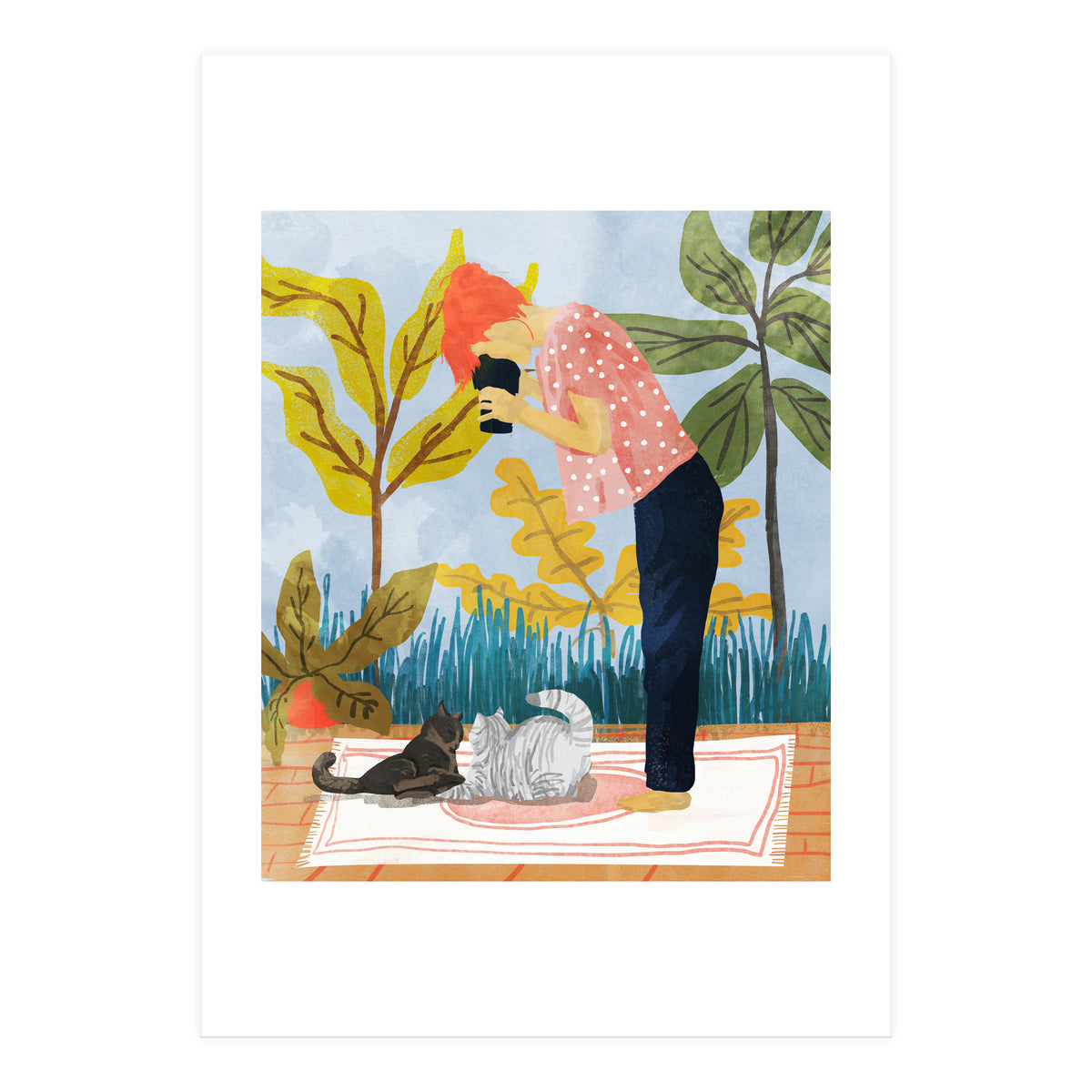 Saturday Afternoon | Cat Mom Pets Photography | Animals Kitten Picnic Watercolor Painting (Print Only)