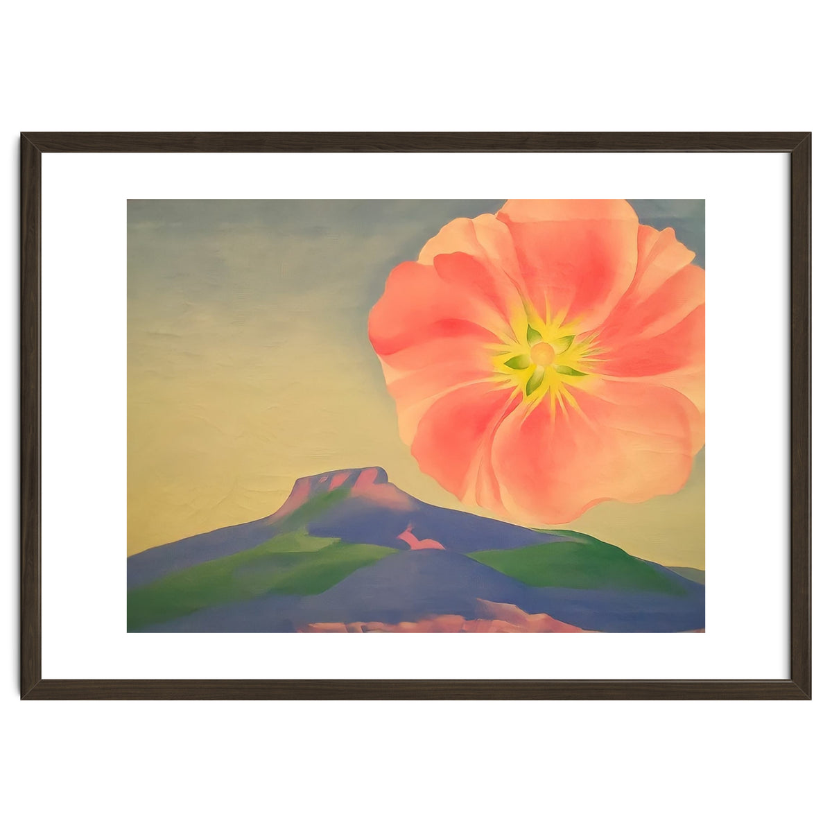 Georgia O’Keeffe – Hollyhock Pink with Pedernal (1937) | Vibrant Modernist Floral Landscape of New Mexico