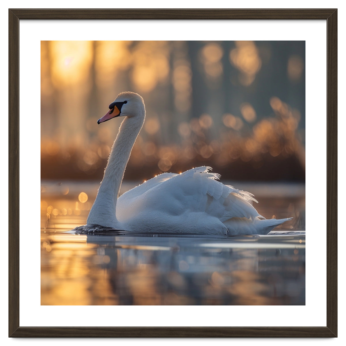 Majestic Swan Gliding On Water At Sunset