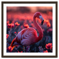 Pink Flamingo Bird Standing Among Flowers At Sunset