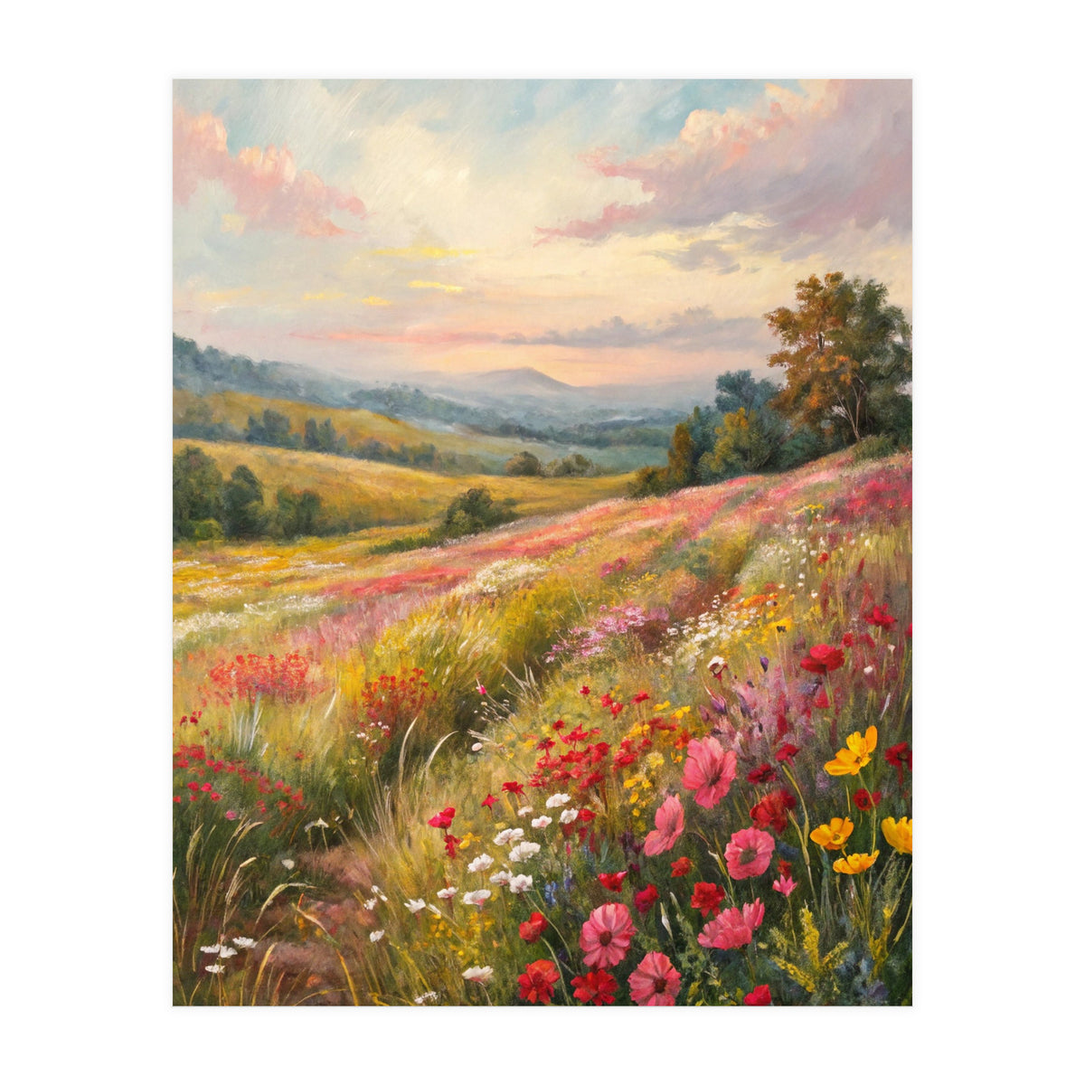 Serene Wildflower Meadow at Sunset Oil Painting (Print Only)