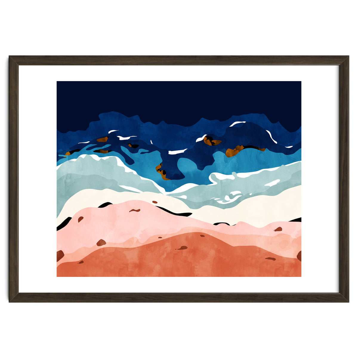 Ocean Heart, Abstract Sea Waves, Tropical Travel Watercolor Painting, Eclectic Bohemian Beach Nature