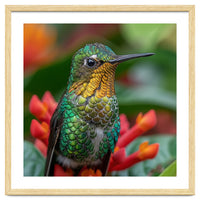 Close Up Of A Hummingbird On Red Flowers